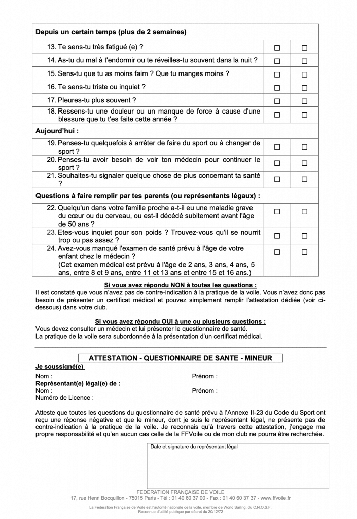 licence kite et wing mineur Questionnaire de santé obligatoire 2