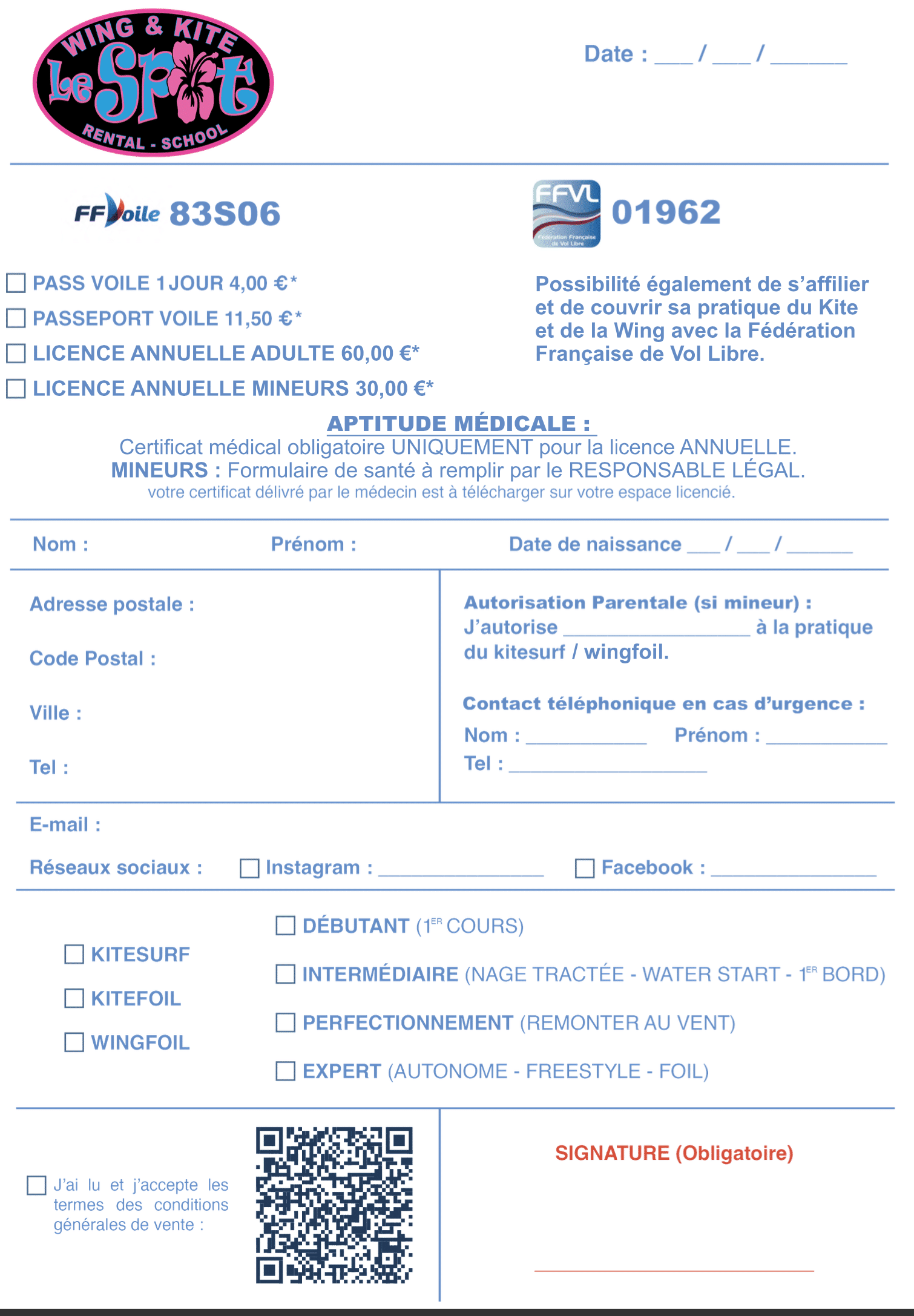 Formulaire prise de licence kite et wing 2023
