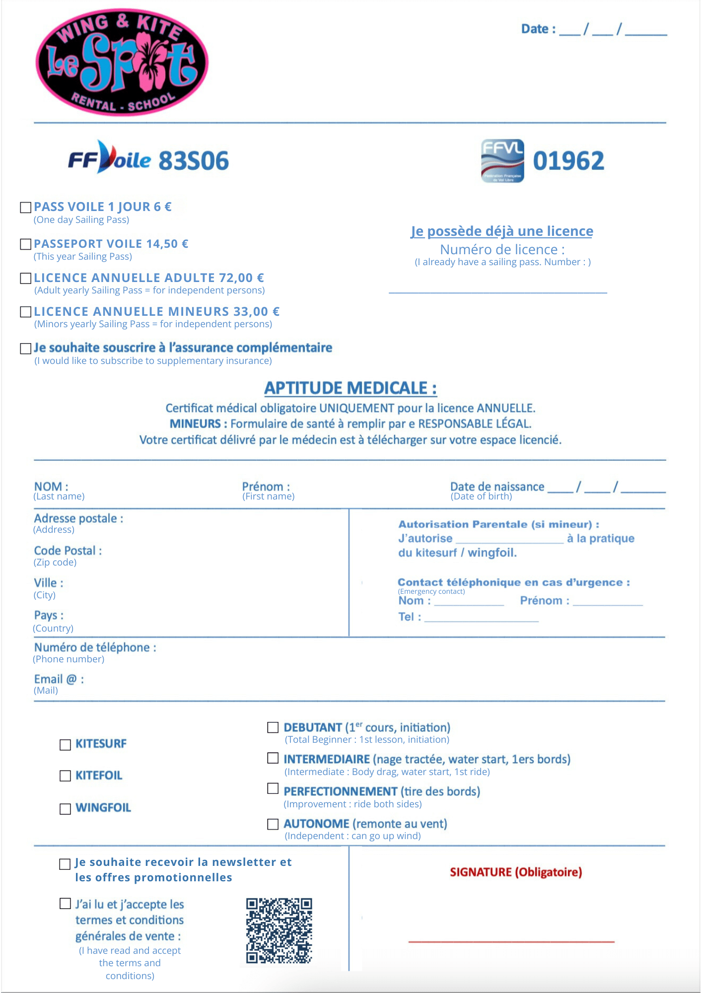 Formulaire prise de licence FFV 2026 anglais français